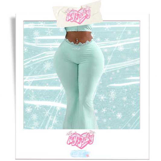 𝒊𝒄𝒚𝑩𝒂𝒃𝒚 Sleek Essence Flared Lace Trim Leggings (Baby Blue)