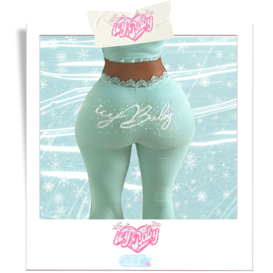 𝒊𝒄𝒚𝑩𝒂𝒃𝒚 Sleek Essence Flared Lace Trim Leggings (Baby Blue)